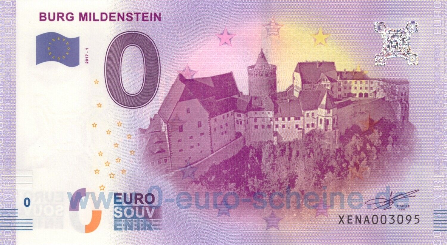 🅾️ Burg Mildenstein ◾ XENA 2017-1 ◾ 0 Euro banknot Zero O€ Souvenir O UNC
