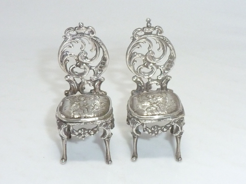 Victorian Pair Sterling Silver miniature Chairs Edwin Thompson Bryant c1897