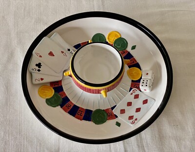Casino Roulette Wheel Dice Cards Poker Chips and Dip Plate VGC Linens and Things