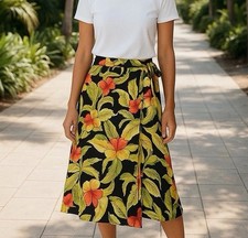 TALBOTS Women  s 10 Tropical Wrap Linen Blend Skirt Side Tie Hawaiian Print