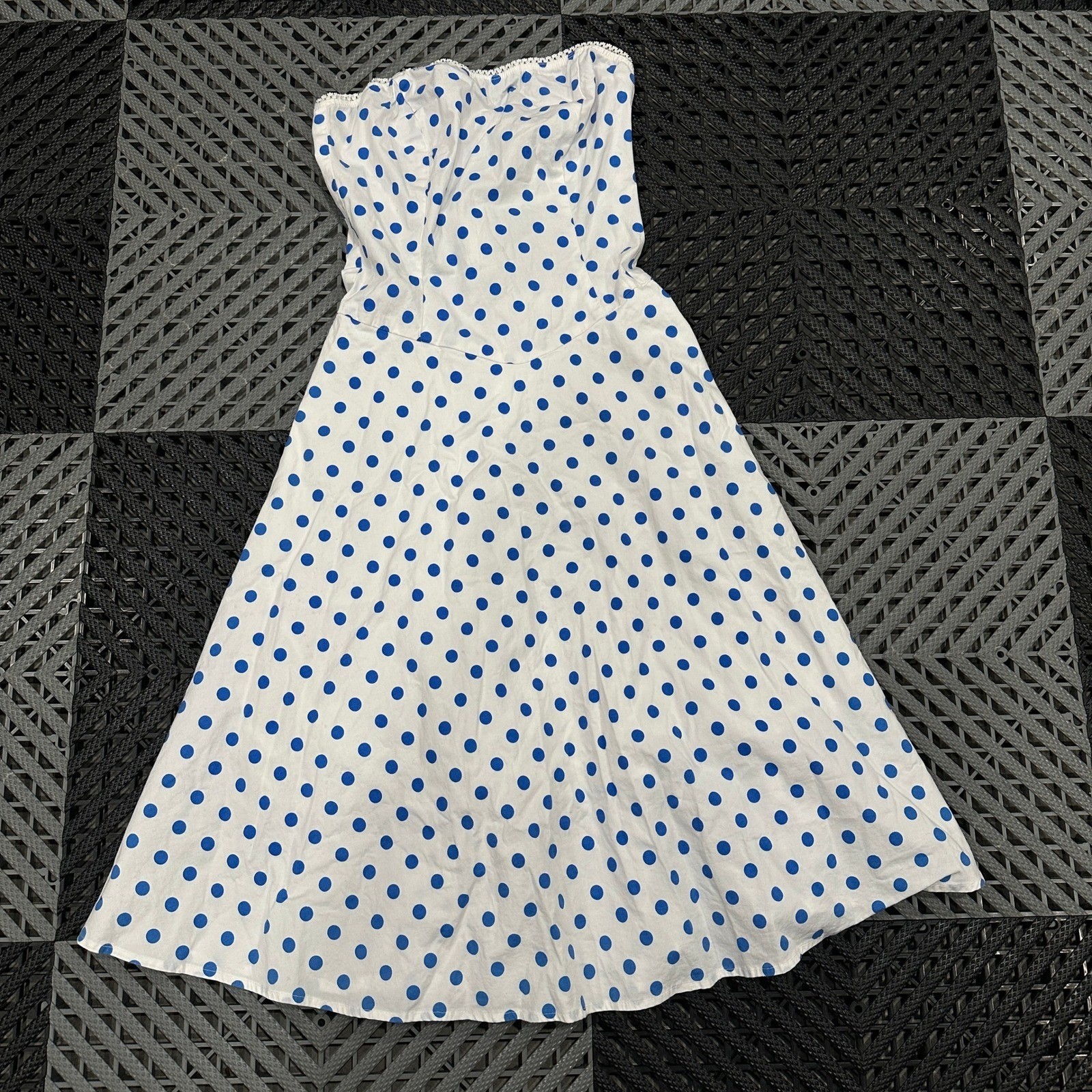Ruby Rox White Blue Polka Dot Strapless Midi Dres… - image 1