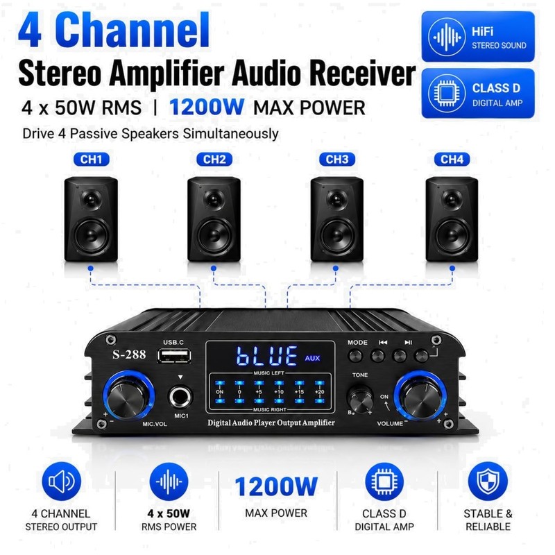 Hi-Fi Power Amp for Home Theater, 4-Ch Bluetooth 5.0