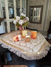 Kingsbury Home Luxury Cream and Gold Table Throw with Bullion Fringe 52 x 52