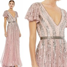 Mac Duggal 5444 Striped Sequin Gown Size 4 Pink V-Neck Flutter Sleeve NWT