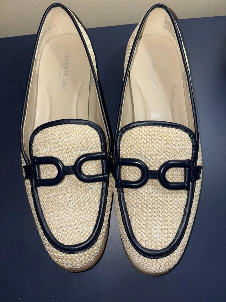Mocasines Kenneth Cole NY Crema Rafia y Borde Negro Linda Horse Bit para Mujer Talla 9.5 Foto 2 de 4