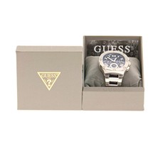 GUESS Herren Armbanduhr Edelstahl silber/blau analog Datum Wochentag Box