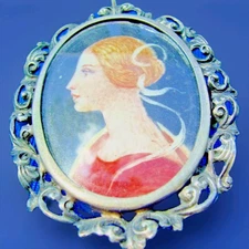 Original Deco Hand Painted Portrait Pendant Antique Medallion 800 Silver Brooch