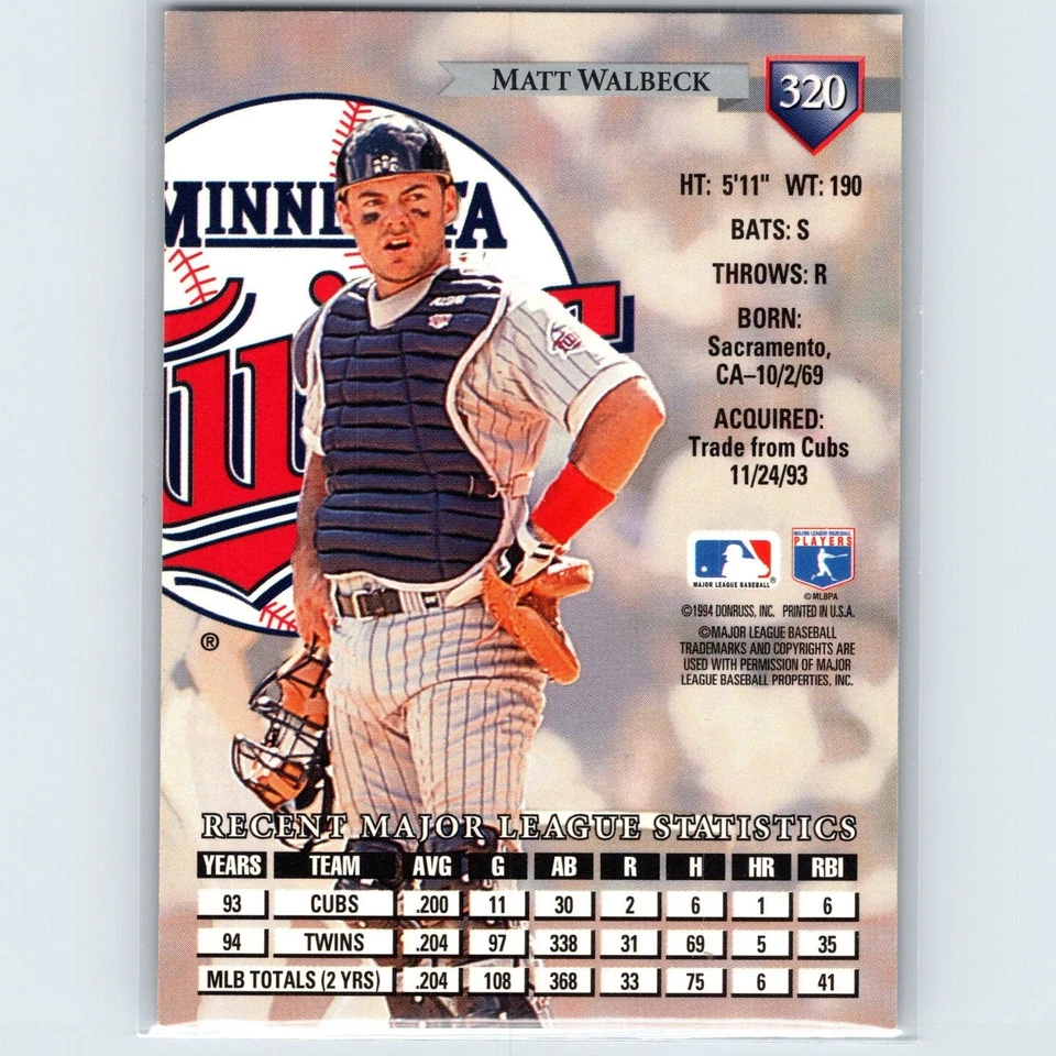 1995 Donruss - Matt Walbeck #320 - Minnesota Twins - Image 2 of 2