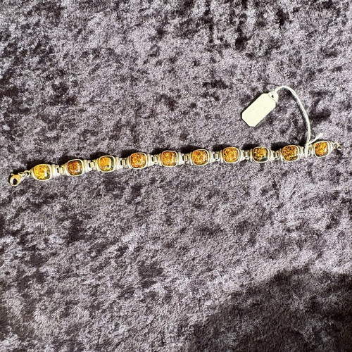 Vintage Bracelet Sterling Silver Amber Baltics Open Back Link 7.25" Long 15.5 g