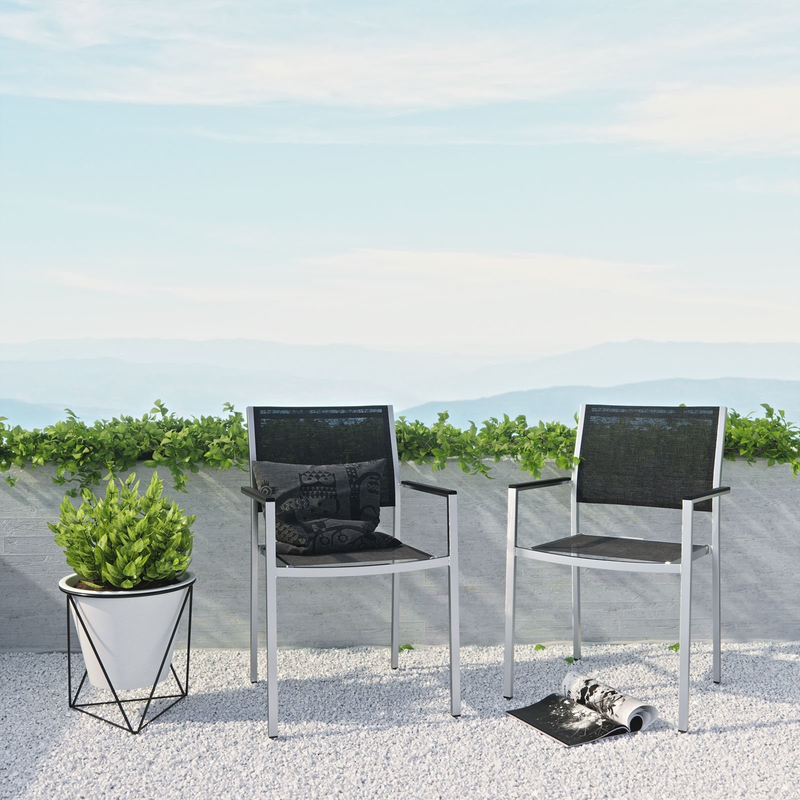 Modway Shore Fabric Aluminum Patio Dining Arm Chair in Silver/Black (Set of 2)