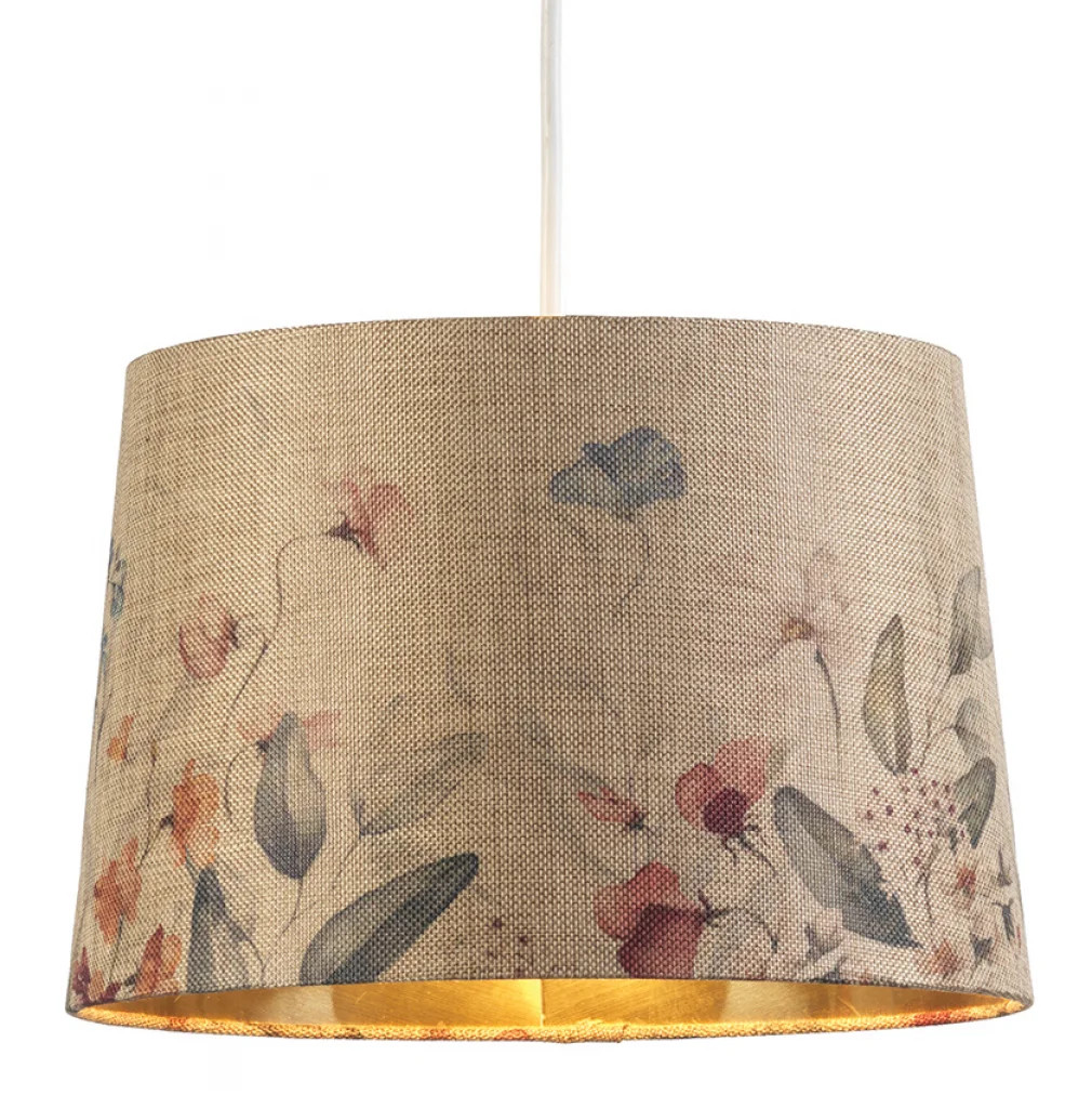 Lampshade Beige 12"" Floral Natural Gold Inner Faux Hessian Tapered Drum 300mm