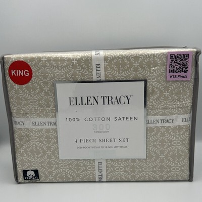 Ellen Tracy 100% Cotton Sateen 4-Piece Sheet Set w/ Deep Pockets Size King New