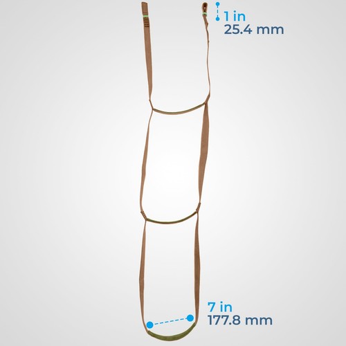 Brown USA-made step aider with two ropes, 7 inches long, 1 inch thick, shown beside a blue measurement grid.