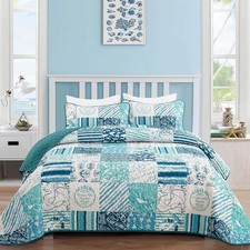 Dinjoy Summer Nautical Ocean Quilt Set Twin Size, Beige Blue Green Beach Coastal