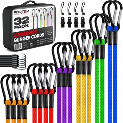Carabiner Bungee Cord Assortment, 32pk Bungee Cords Multi Pack, Includes 18'',...