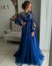 Elegant Blue A-Line Mother Of The Bride Dresses Gold Lace Applique Evening Gowns