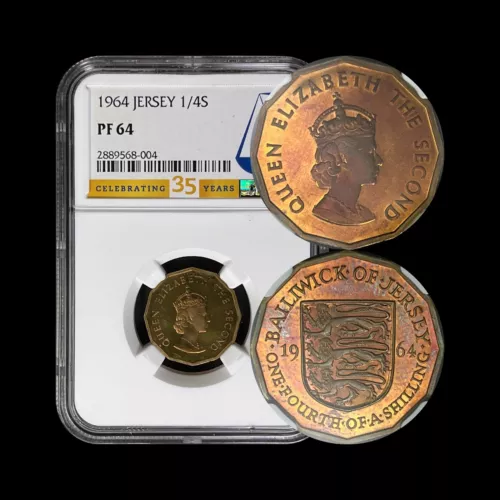 JERSEY. 1964, 1/4 Shilling - NGC PF64 - Queen Elizabeth II, Three Lions 🌈 Toned