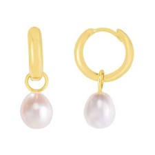 14K Yellow Gold Polished Finish Pearl Drop Huggie Earrings with Snap Clasp