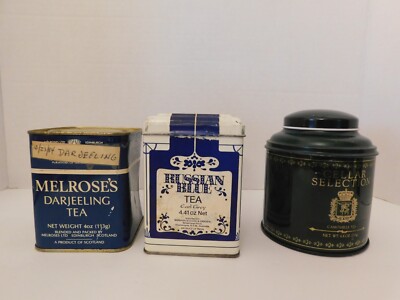 3 Vtg Tea Empty Metal Tin Containers Russian Blue, Melrose's, Cellar Selection
