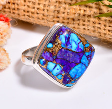 Purple and Blue Copper Turquoise Ring 925 Sterling Silver Promise Boho Rings