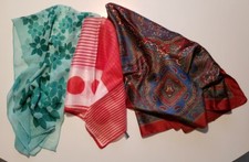 Vintage Scarves Teal Flowered Chiffon Red White Square 35" Square Paisley