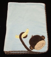 Lambs  Ivy Blue Monkey Banana Baby Blanket Plush Brown Trim