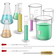 14Pcs Glass Measuring Beaker Glass Flask Graduated Cylinder with 1 Brush for Lab