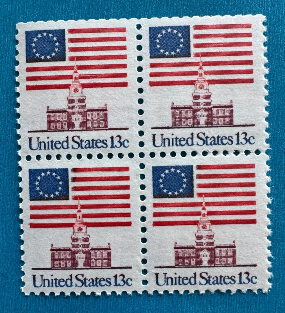 US Stamps Scott 1622 1975 13c block 4 Flag over Independence Hall