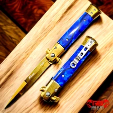 9" Tactical Gold Marble Blue Spring Assisted Open Blade Folding Pocket Knife