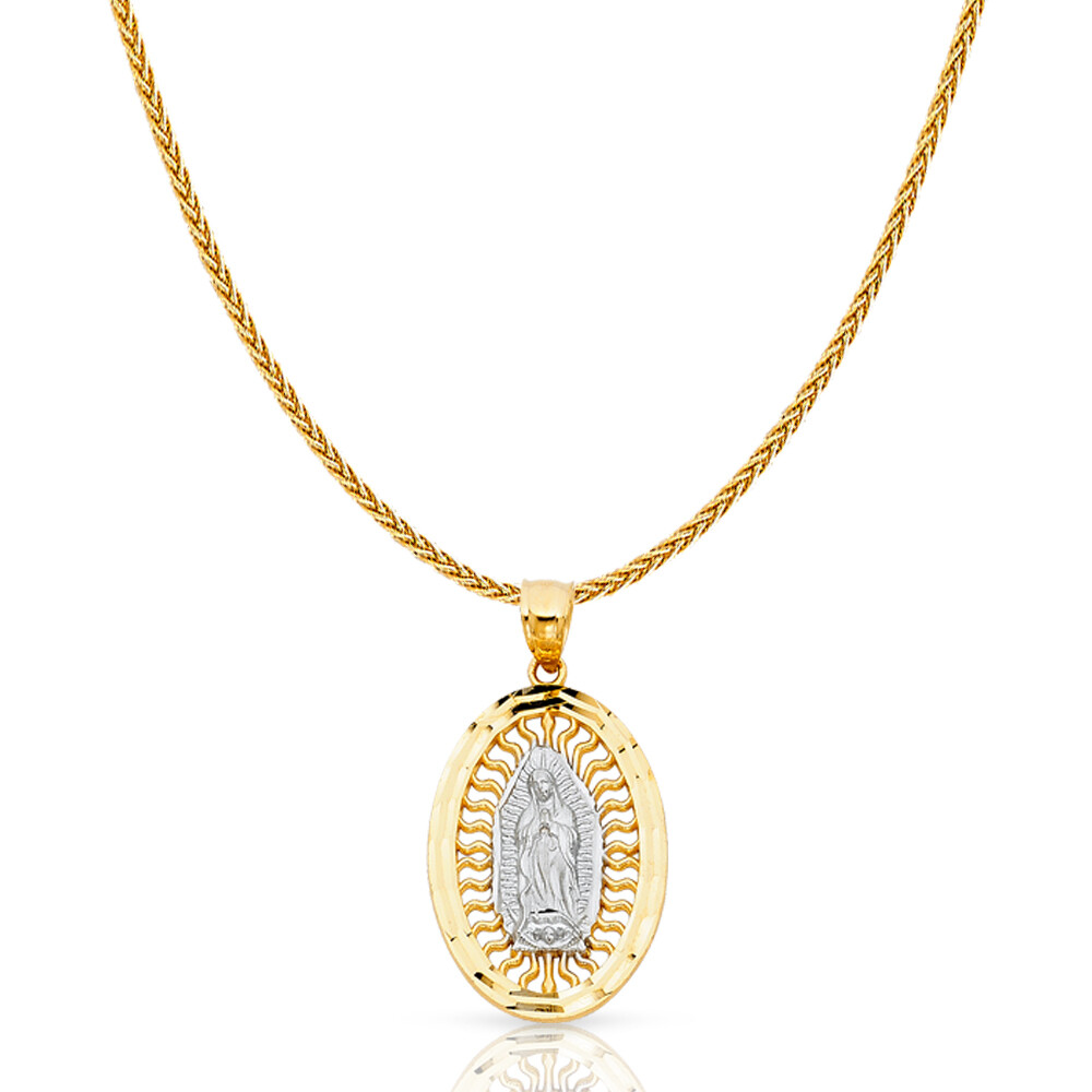 14K 2 Tone Gold Our Lady of Guadalupe Charm Pendant & 1.1mm Wheat Chain ...