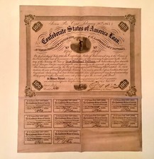 -1863 $100 Confederate States of America Civil War Bond - Complete on Pink Paper