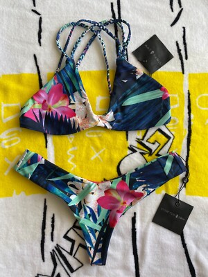 Stone Fox Swim Bikini Set Blue Indie Top Tucker Thong Bottoms Tropical Small New