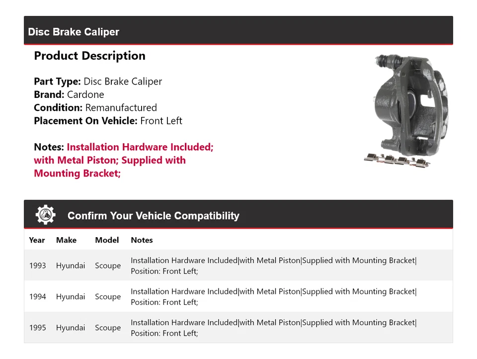 Pinza de freno de disco delantera izquierda cardone 1994 para Hyundai Scoupe 1993-1995 Foto 2 de 4