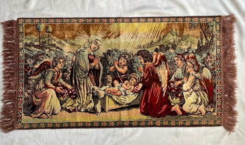 Vintage Samt Wandteppich Maria Jesuskind Engel Krippe Tischläufer Wandkommode