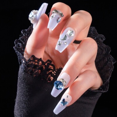 10 Piece 3D Reusable Handmade Press On Nails Aquamarine Style