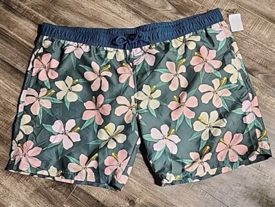 Mad Engine Swim Shorts Men's 2XL Green Floral Comfort Elastic Waist Drawstring