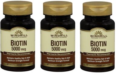 Windmill Biotin 5000 mcg with essential Vitamin B 60 Counts X 3 Packs