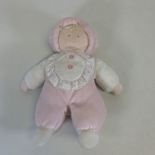 Eden 10" Soft Pink Velour Doll Blond Hair Lace Trimmed Bib