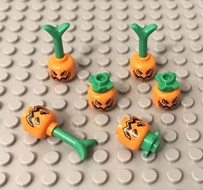 Lego 6 Orange Jack O' Lantern Pumpkin Heads W/ Semicircular Eyes And Greens Top