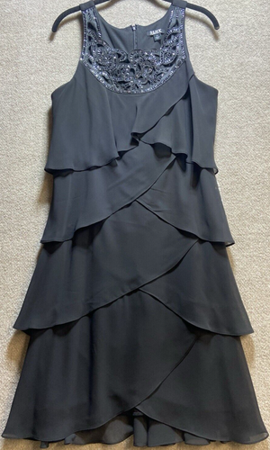 SLNY Black Tiered Sleeveless Rhinestone Knee Length Cocktail Party Dress Size 14