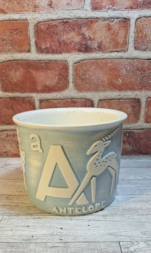 Vintage #78-2 Pottery Blue ABC Nursery Planter Alphabet Antelope Bear Cat USA