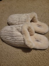 UGG Cozy Knit Slippers Cream Faux Fur Lined Shearling Slip On Womens Sz 10