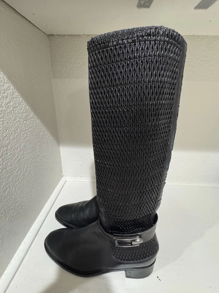 Black Leather Knee High Boots Elastic Shaft Designer Style Women's Shoes - Image 3 of 4