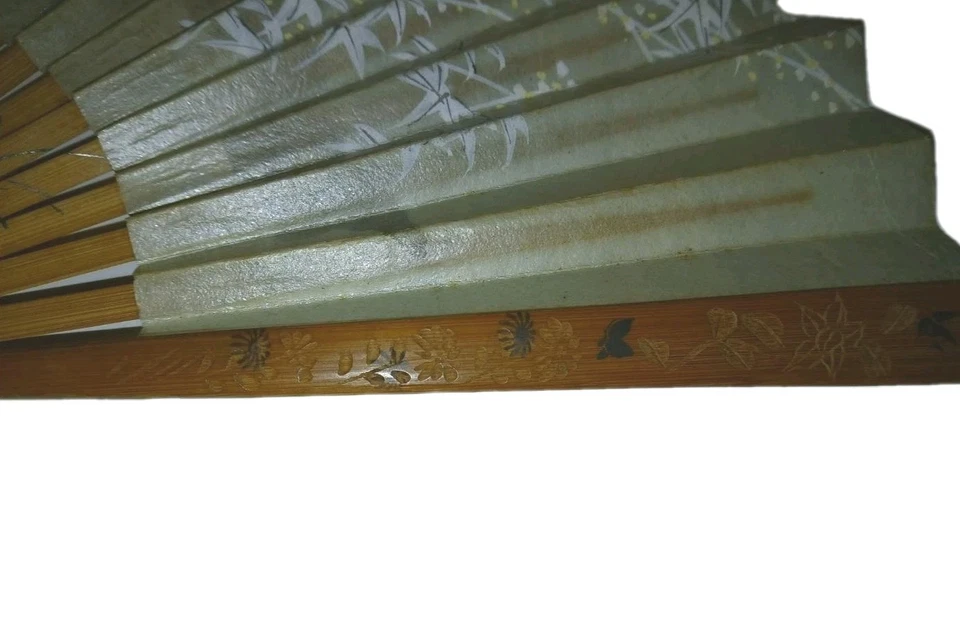 Abanico de Mano Plegable Papel Bambú Pintado a Mano Hojas Florales Decoración Asiática Acento Arte Foto 4 de 4