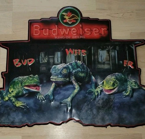 VINTAGE BUDWEISER METAL TIN BEER SIGN LOT 32" x 25" FROG LIZARD BUD WEIS ER 90s