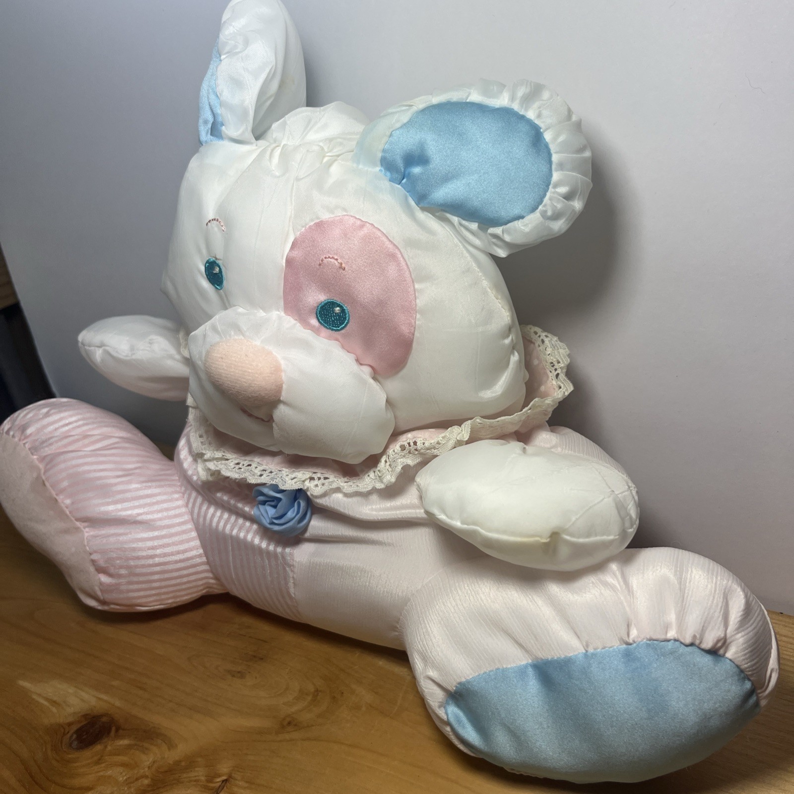 Vtg Fisher Price 1988 Puffalump Puppy Dog Pink Blue White Baby Rattle Plush