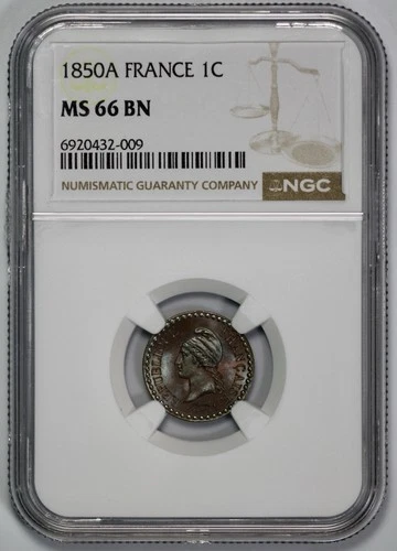 1850 A France 1 Centime NGC MS 66 BN Top Pop