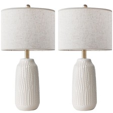 23 Inch Ceramic Table Lamp Set of 2, 3-Way Dimmable Bedside Lamps with Linen ...