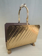 Vintage Mid Century Modern Brass Magazine Rack with Hinged Ceramic Handle MCM