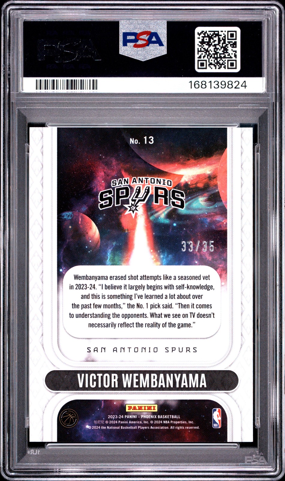 2023 PANINI PHOENIX ROOKIE RISING YELLOW #13 VICTOR WEMBANYAMA RC 33/35 PSA 9 view 2